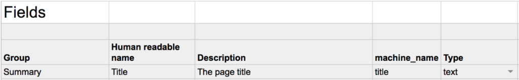screenshot of fields table