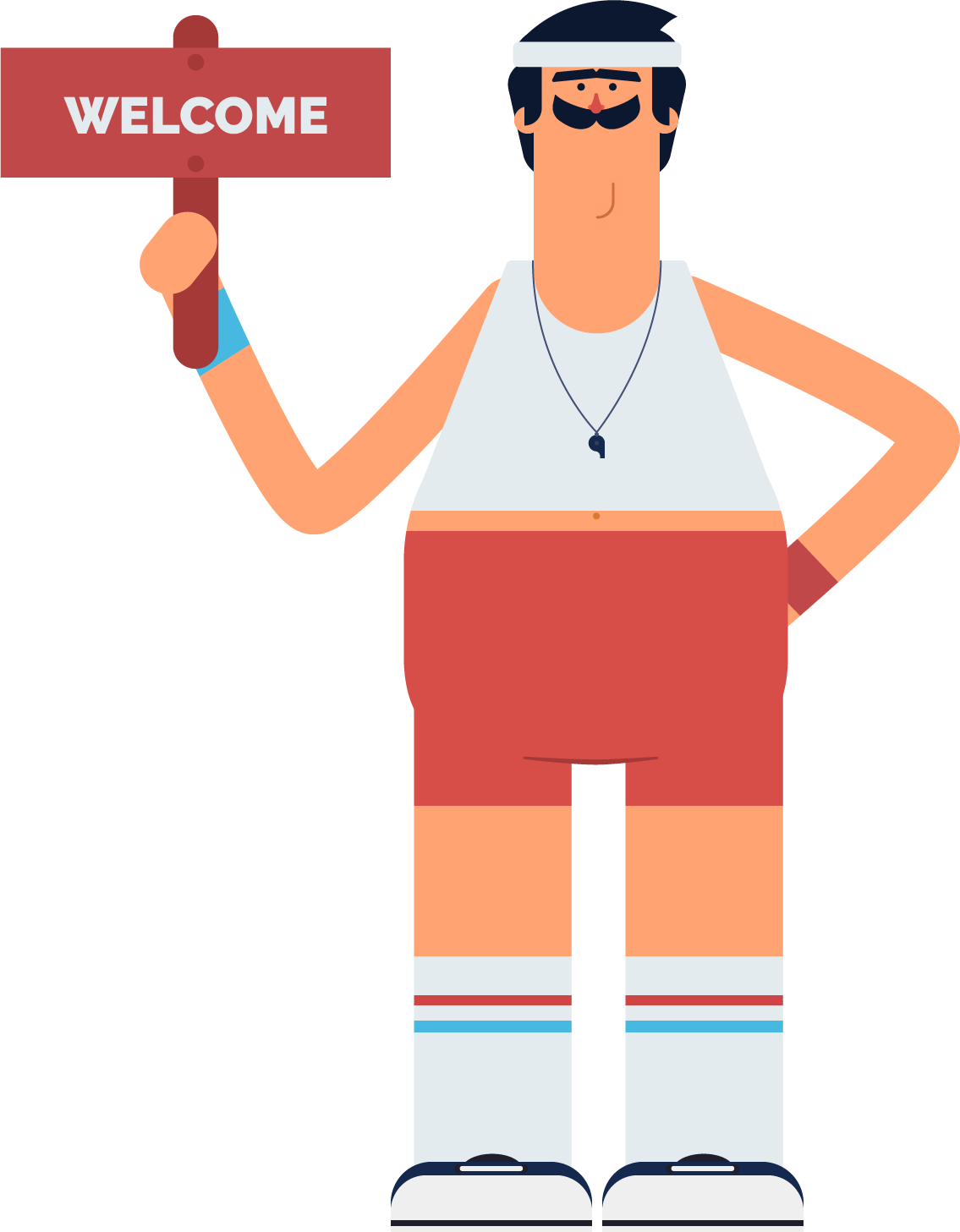 'Wilf' the cartoon figure in the app, holding a welcome sign