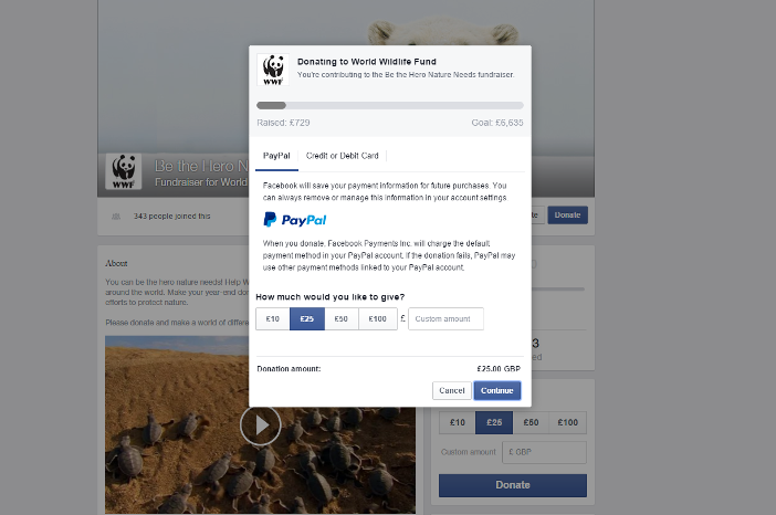 screenshot of WWF donation process on facebook