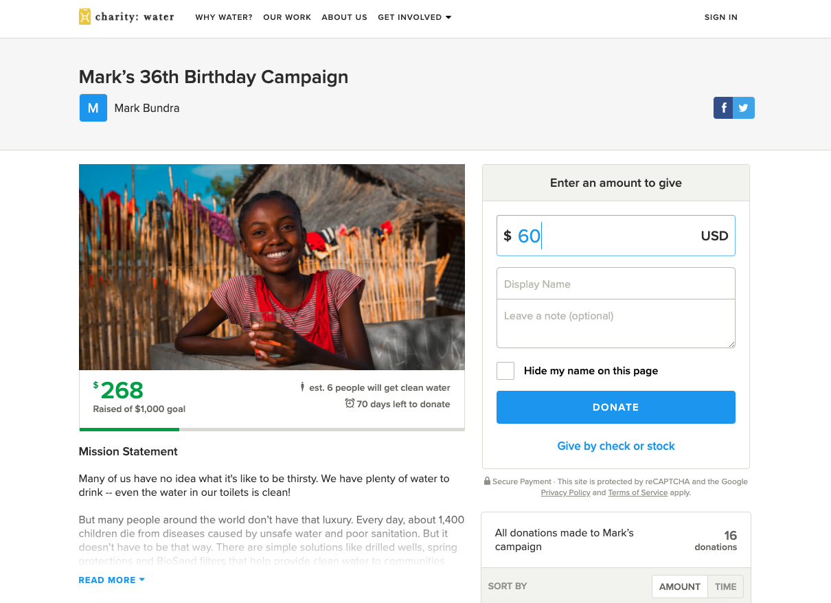 screenshot of mark's 36th birthday campaign