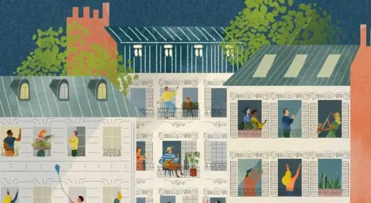 Illustration of three tall buildings showing people in the windows to represent different charity online communities