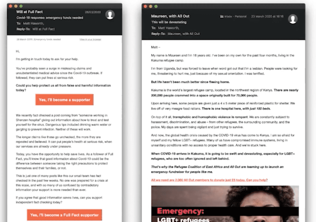 screenshots of two very plain looking emails