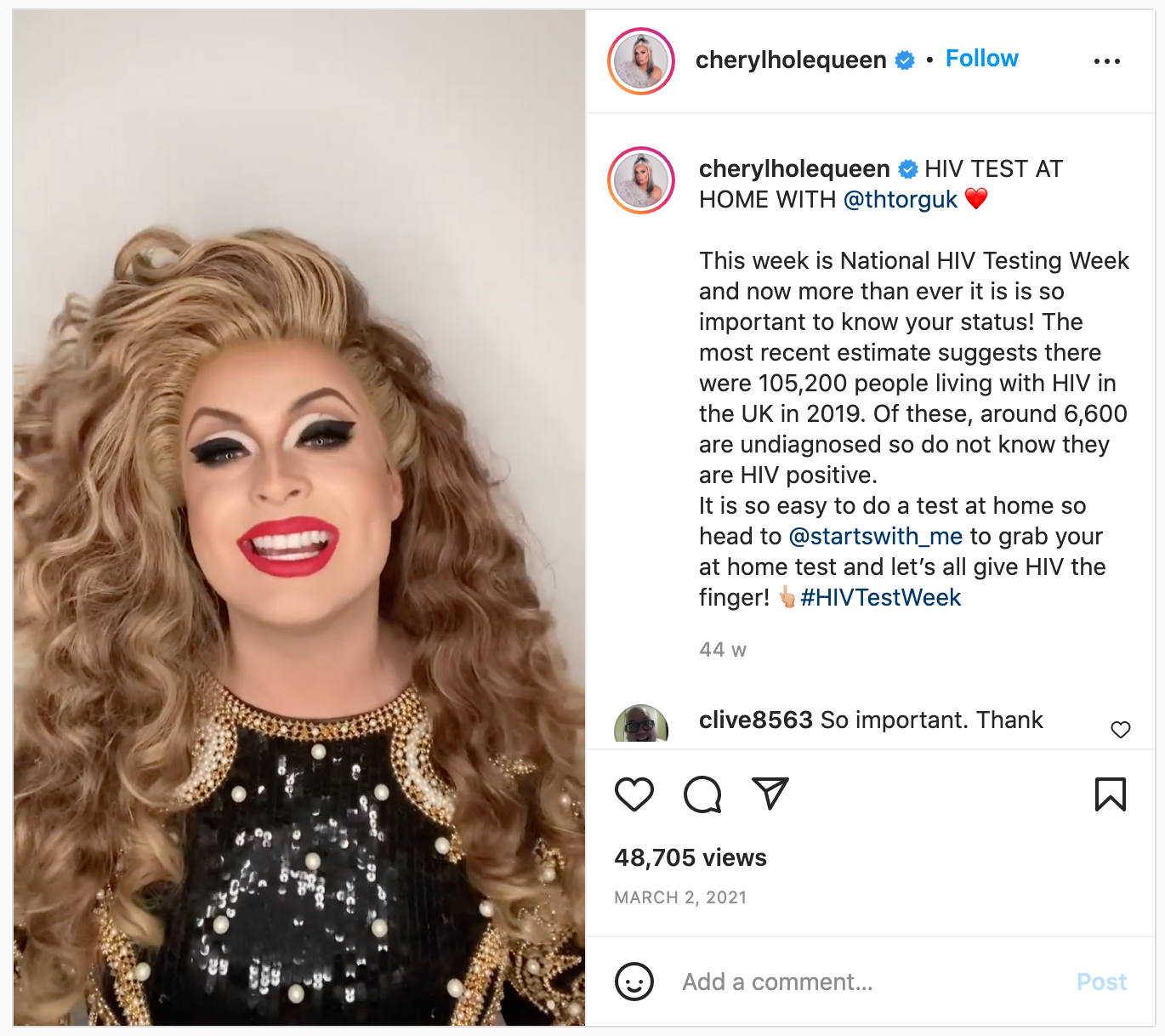 screenshot of Cheryl Hole posting about testing on instagram