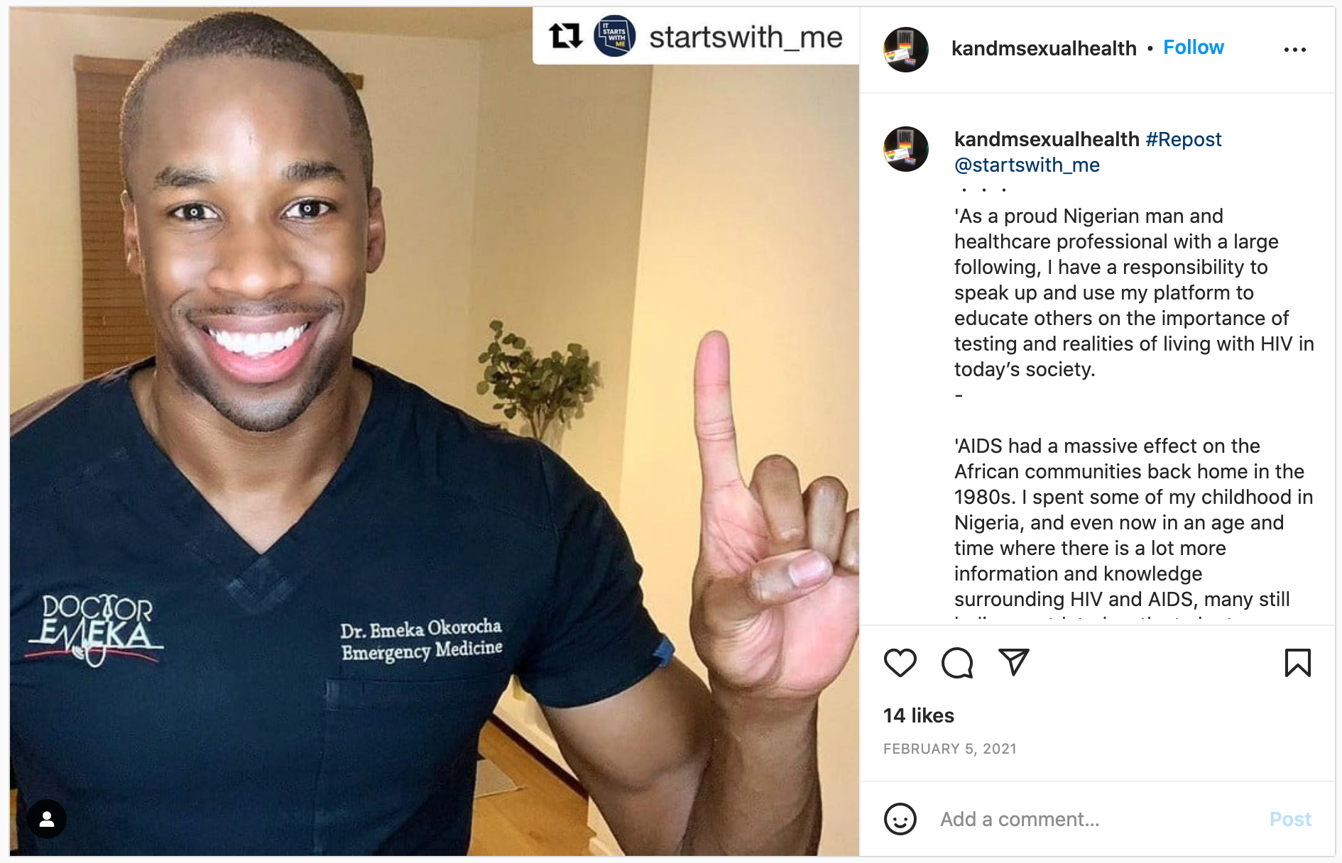 screenshot of Dr Emeka posting about testing on instagram