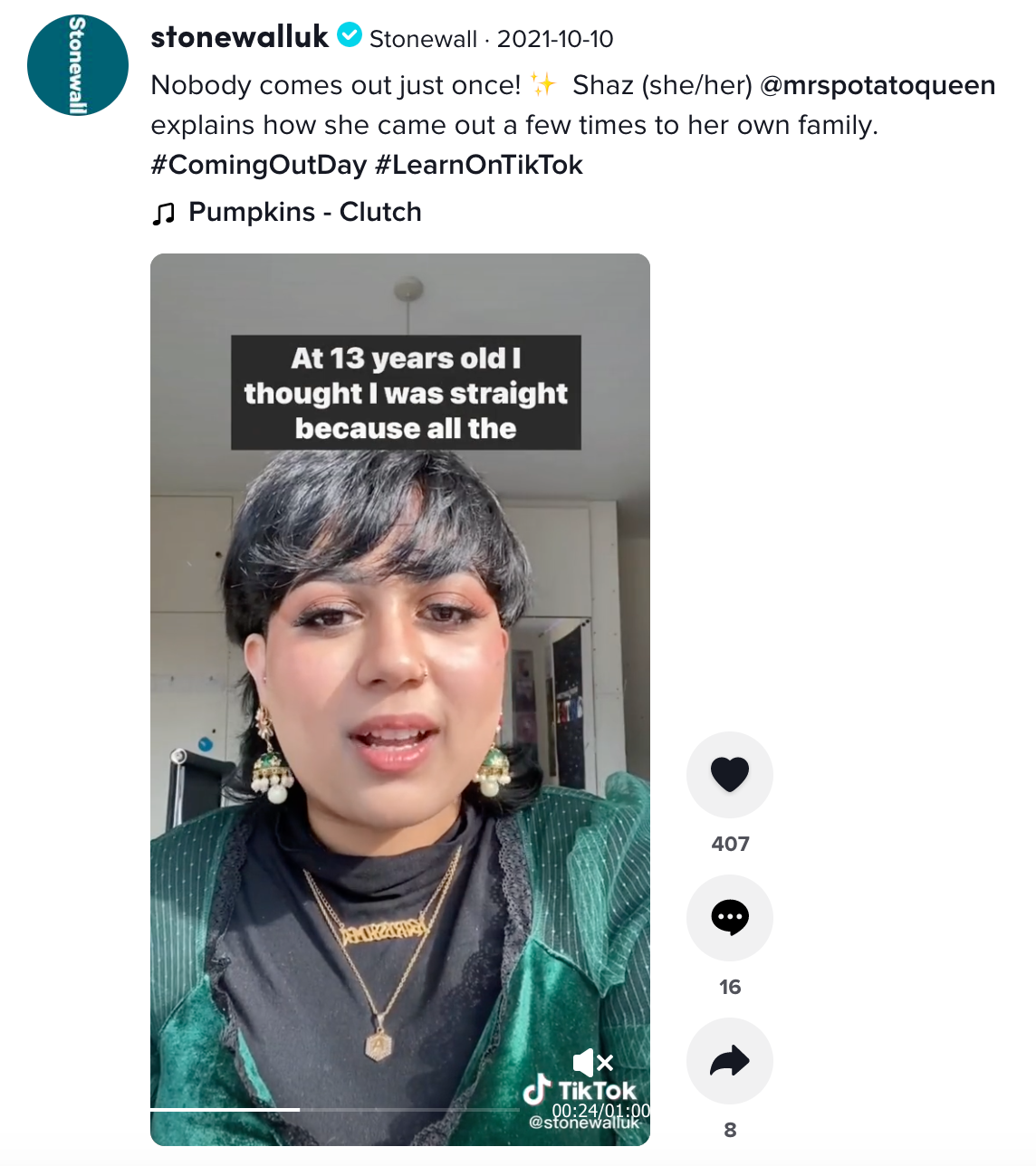 screenshot of Shaz's TikTok on Stonewall's account. The subtitle reads 'At 13 years old I thought I was straight because all the'
