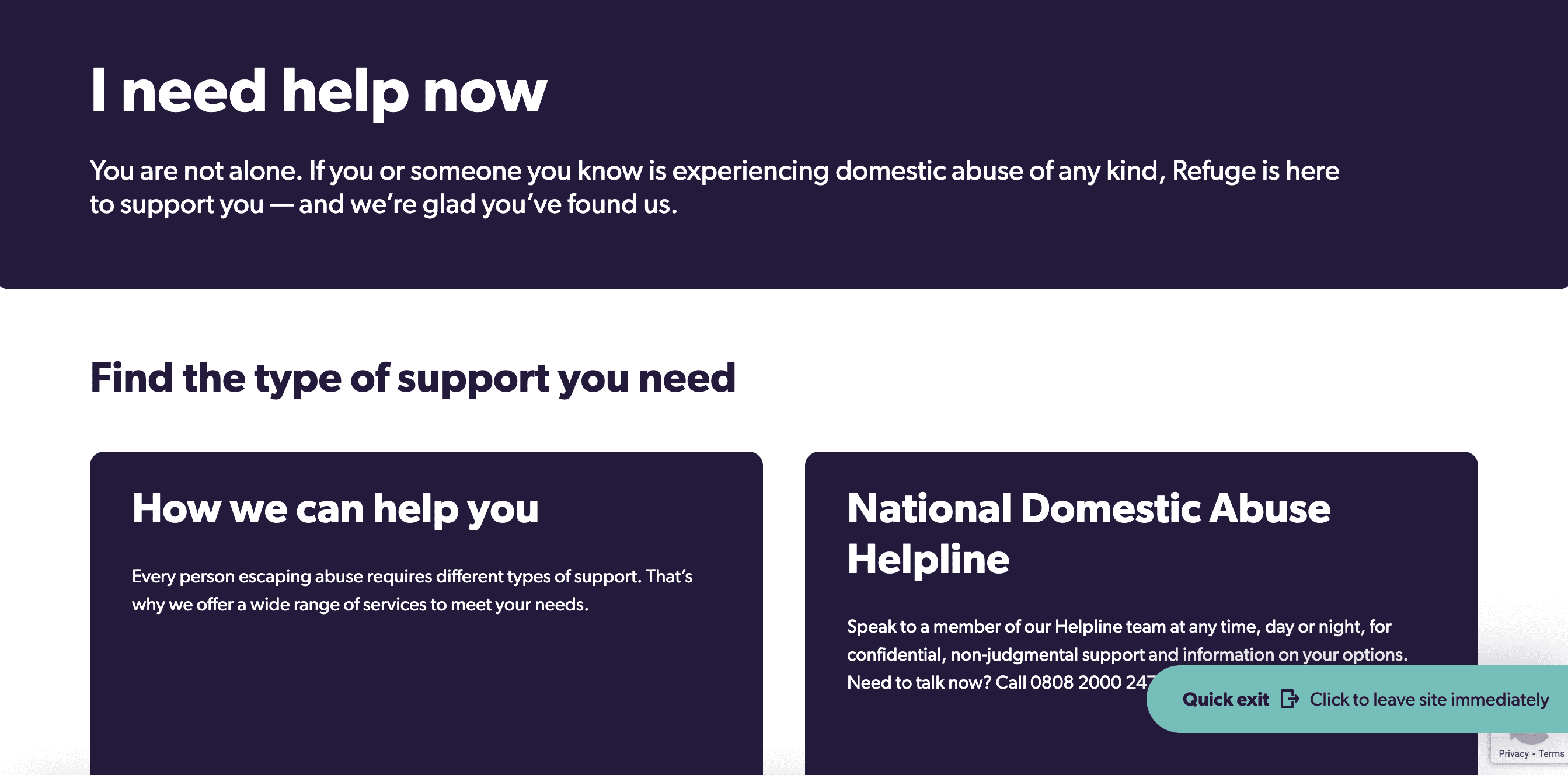 screenshot of the 'i need help now' page with no images and a quick exit button