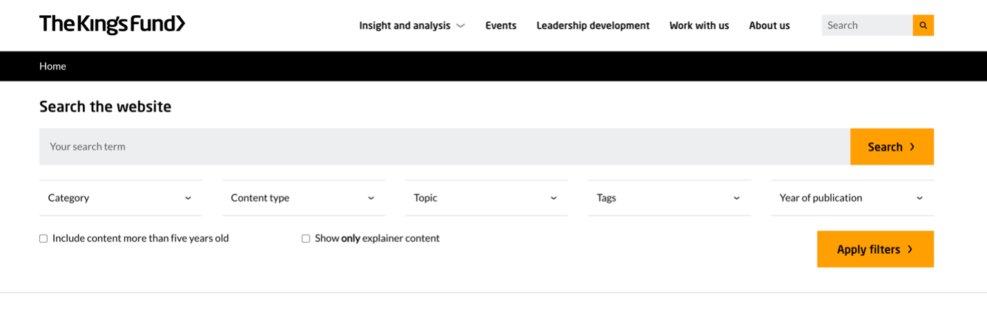 A screenshot of The King's Fund's website search function