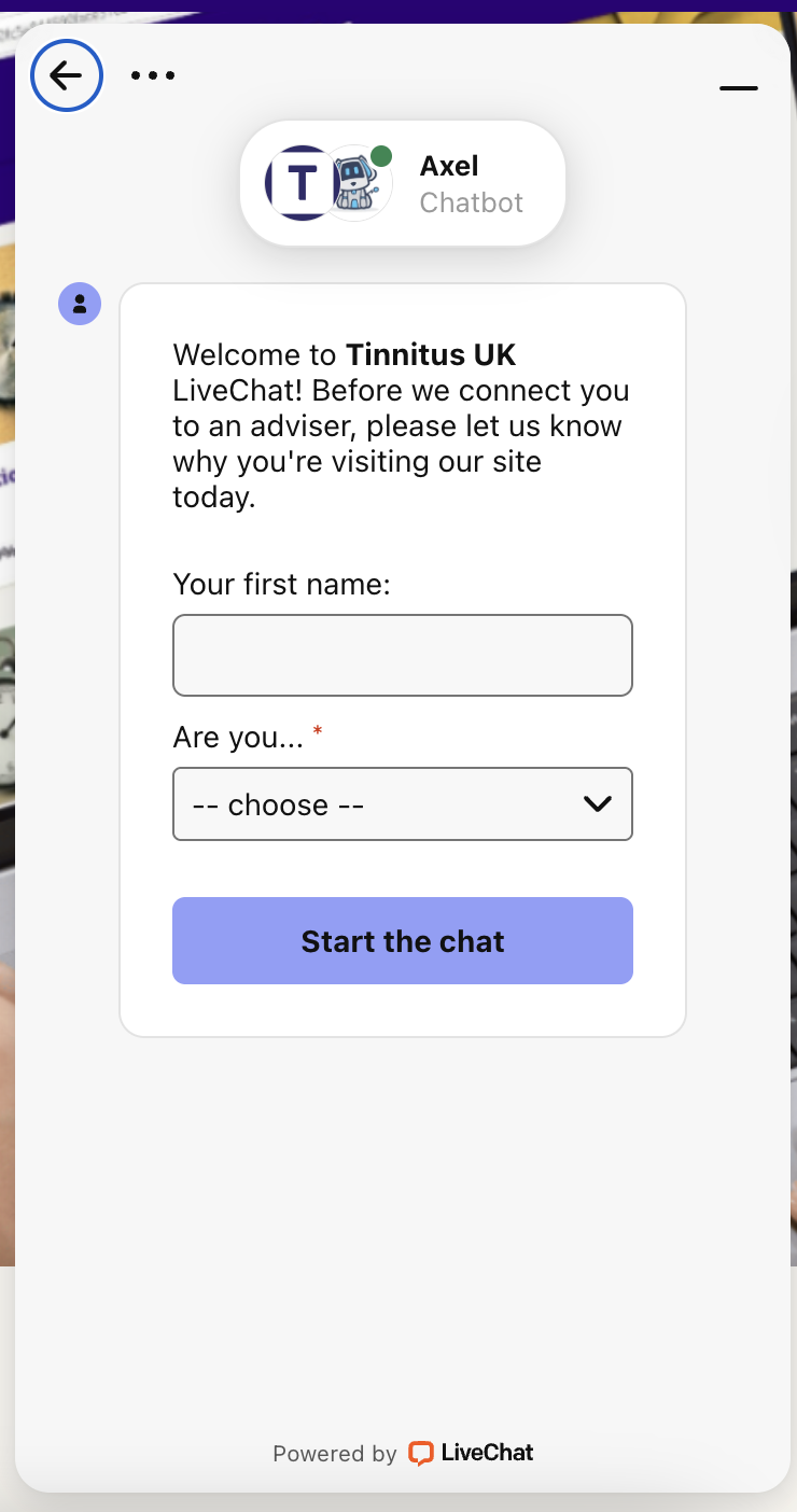Screenshot of Axel, Tinnitus UK's Chatbot
