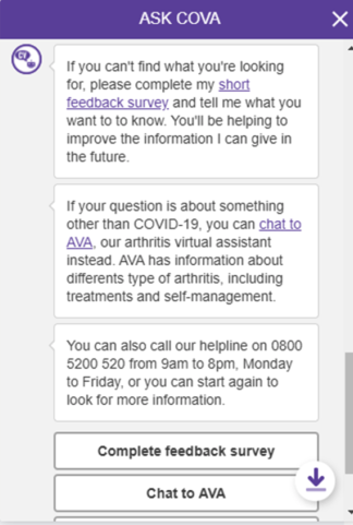 screenshot of ASK COVA chatbot in progress
