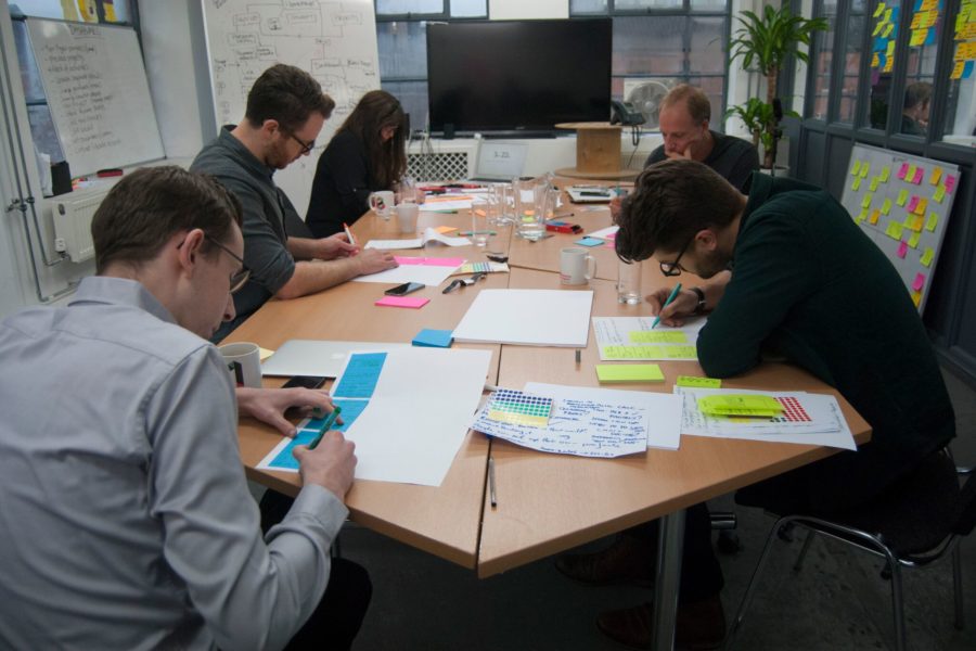 people sat round a table writing on post-it notes