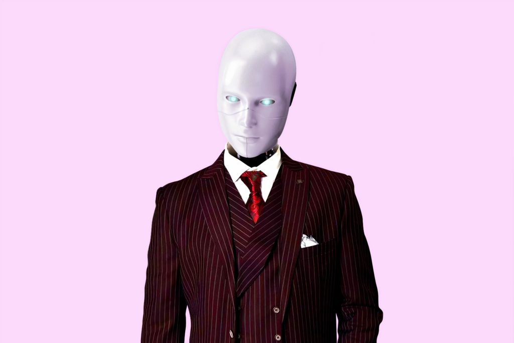 White robot wearing suit