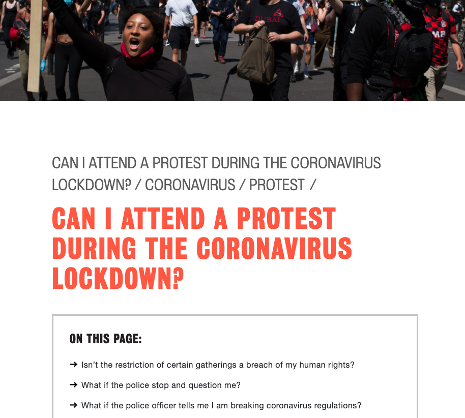 screenshot of the page "can i attend a protest during lockdown?" on liberty's website