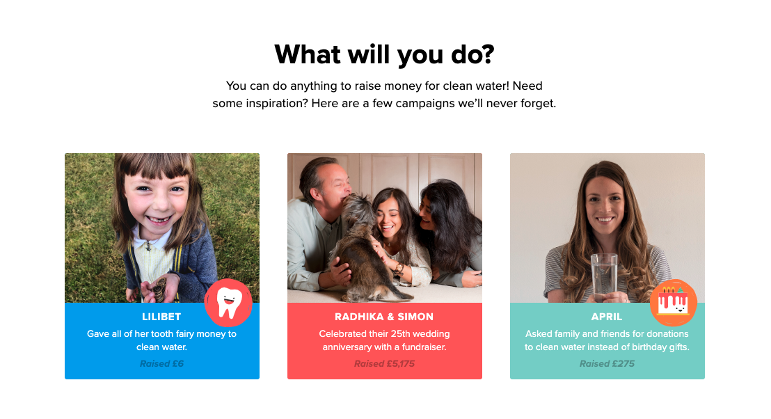 screenshot of charity water's "what will you do?" fundraising page
