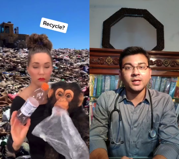 On the left an image of a woman in front of a rubbish dump. She's holdign a plastic bottle and a teddy chimpanzee who has a plastic bag in its mouth. The word Recylce? is shown. On the right is a man with a stethoscope round his neck.