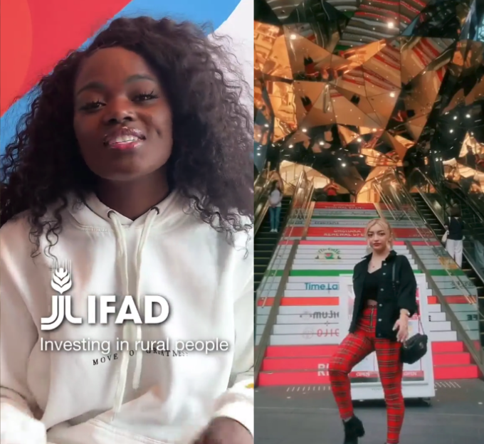 Half of the image shows a woman talking, with the words 'JLFIAD investing in rural communities'. The second half shows a woman posing in front of an artistic building.