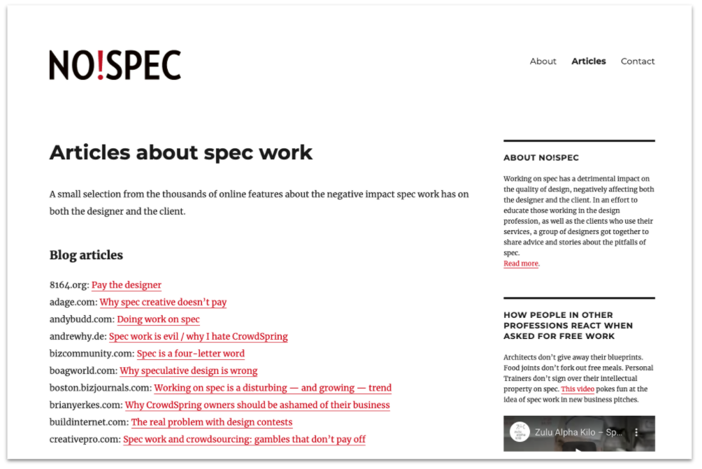 screenshot of the No Spec website
