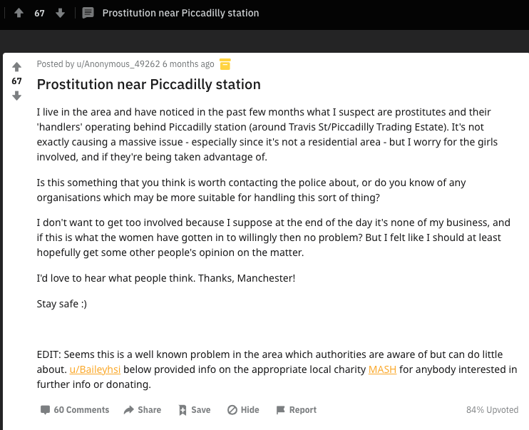 Reddit thread about 'Prostitution near Piccadilly station'