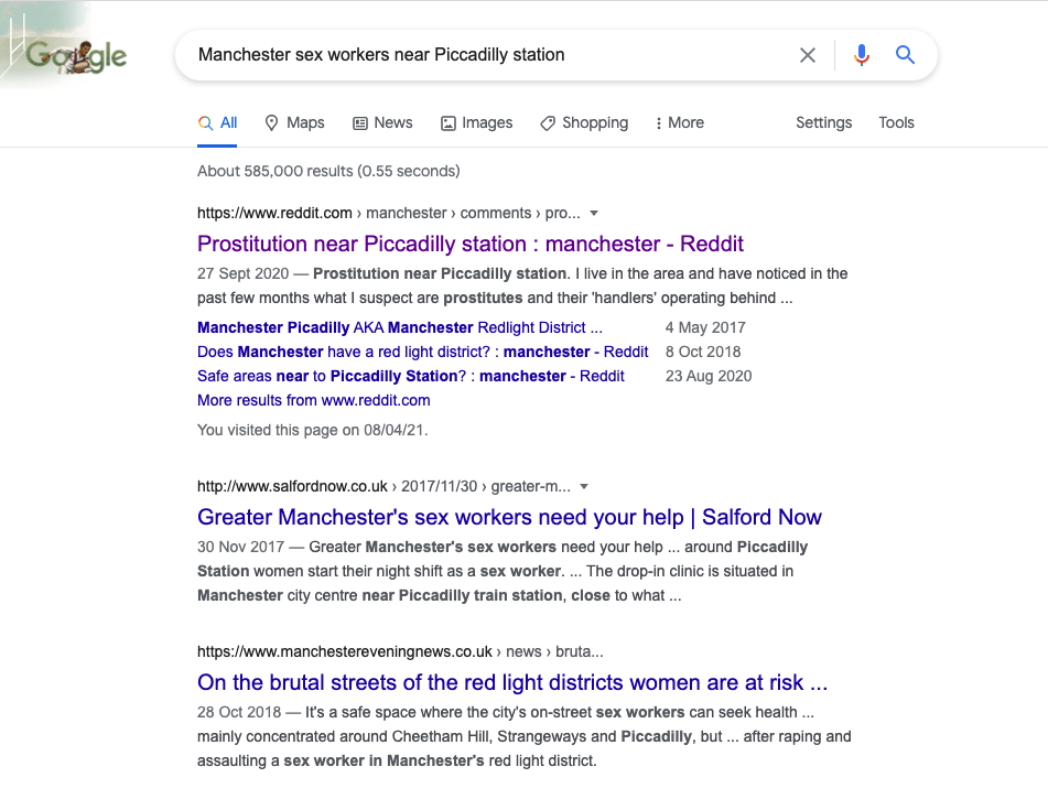 Google search for 'Manchester sex workers near Piccadilly station' and top results being a Reddit thread