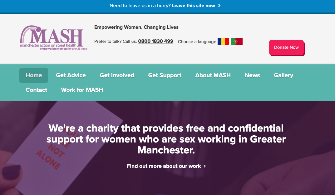Screenshot of MASH charity website homepage