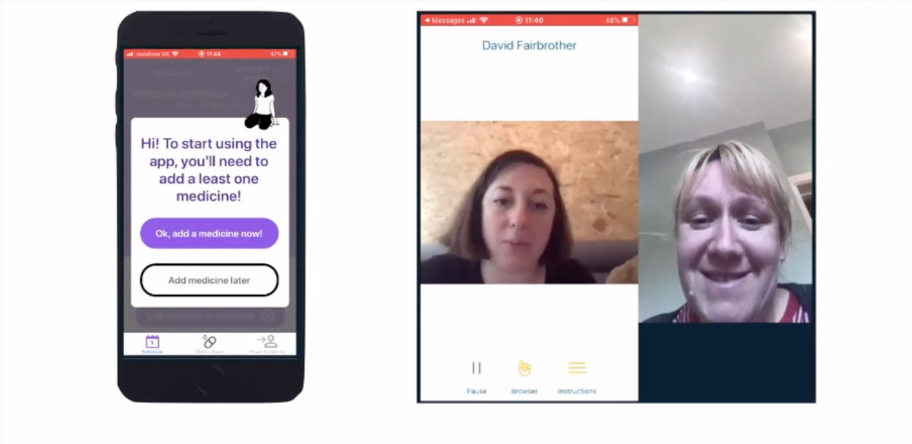 mobile phone showing a prototype, and screenshots of a virtual meeting