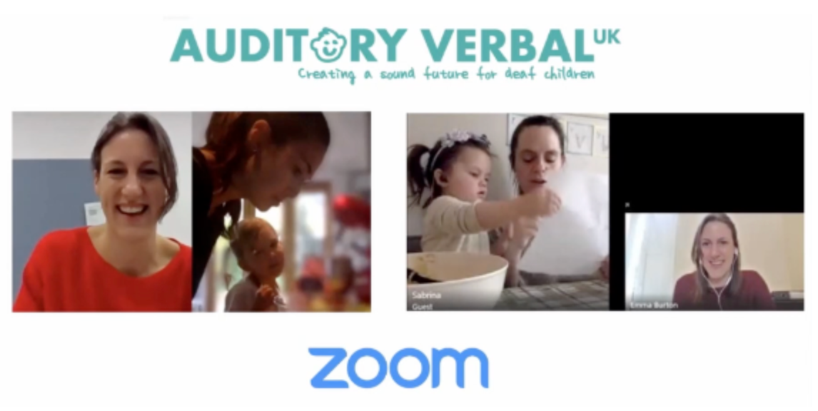 Auditory Verbal's logo, with screenshots of zoom meetings underneath