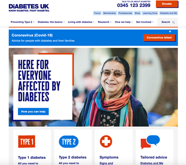 screenshot of Diabetes UK current homepage