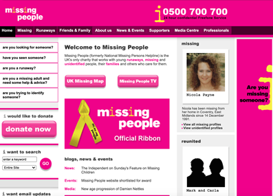 screenshot of Missing People's website in 2007