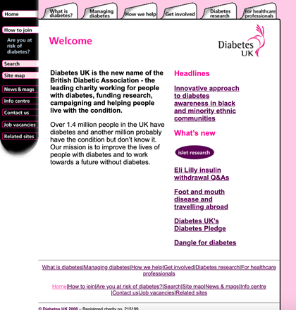 old screenshot of Diabetes UK website in 2000