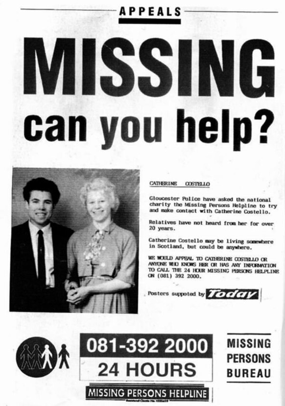 missing poster for catherine costello, pictured next to fred west
