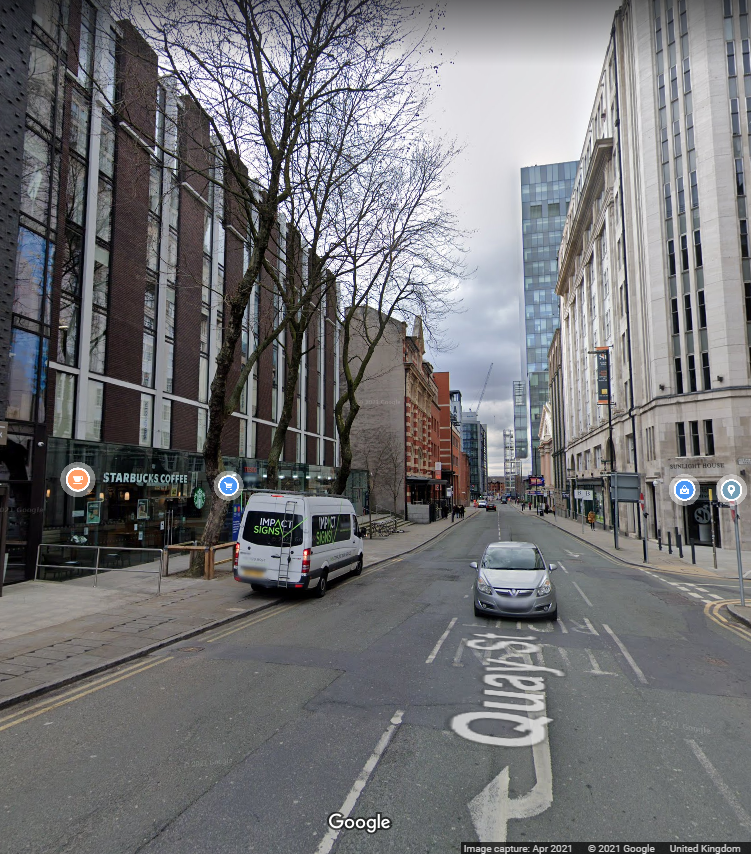 google maps screenshot of quay street manchester, present day