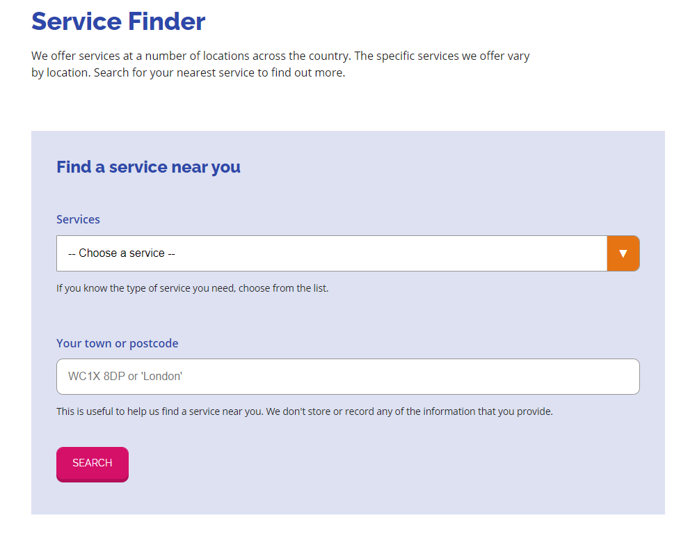 screenshot of the postcode service finder