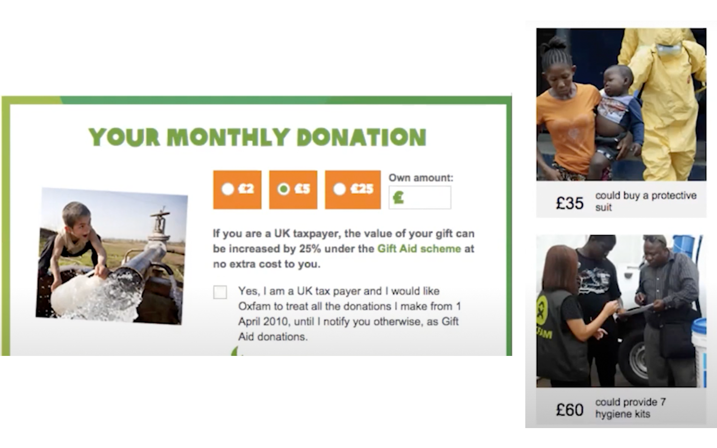 screenshots of charity websites. on the left a photo of a young boy where his eyeline is looking towards '£2, £5, £25'. On the right, two photos of people looking down at '£35' and '£60'.