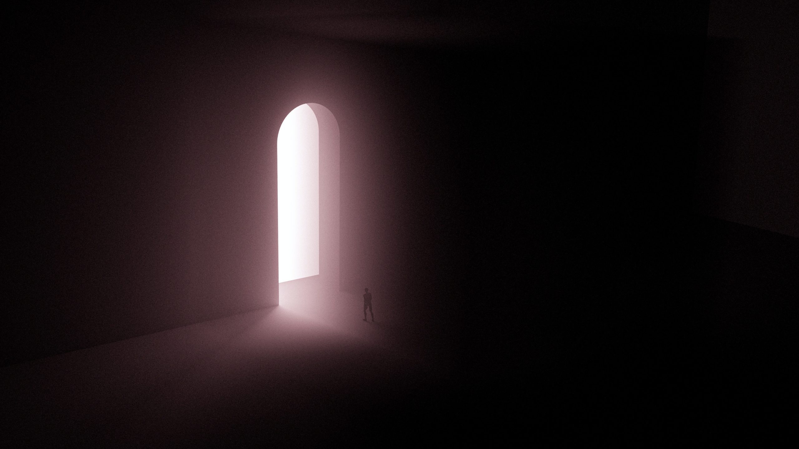 virtual render of a large archway and a person about to enter