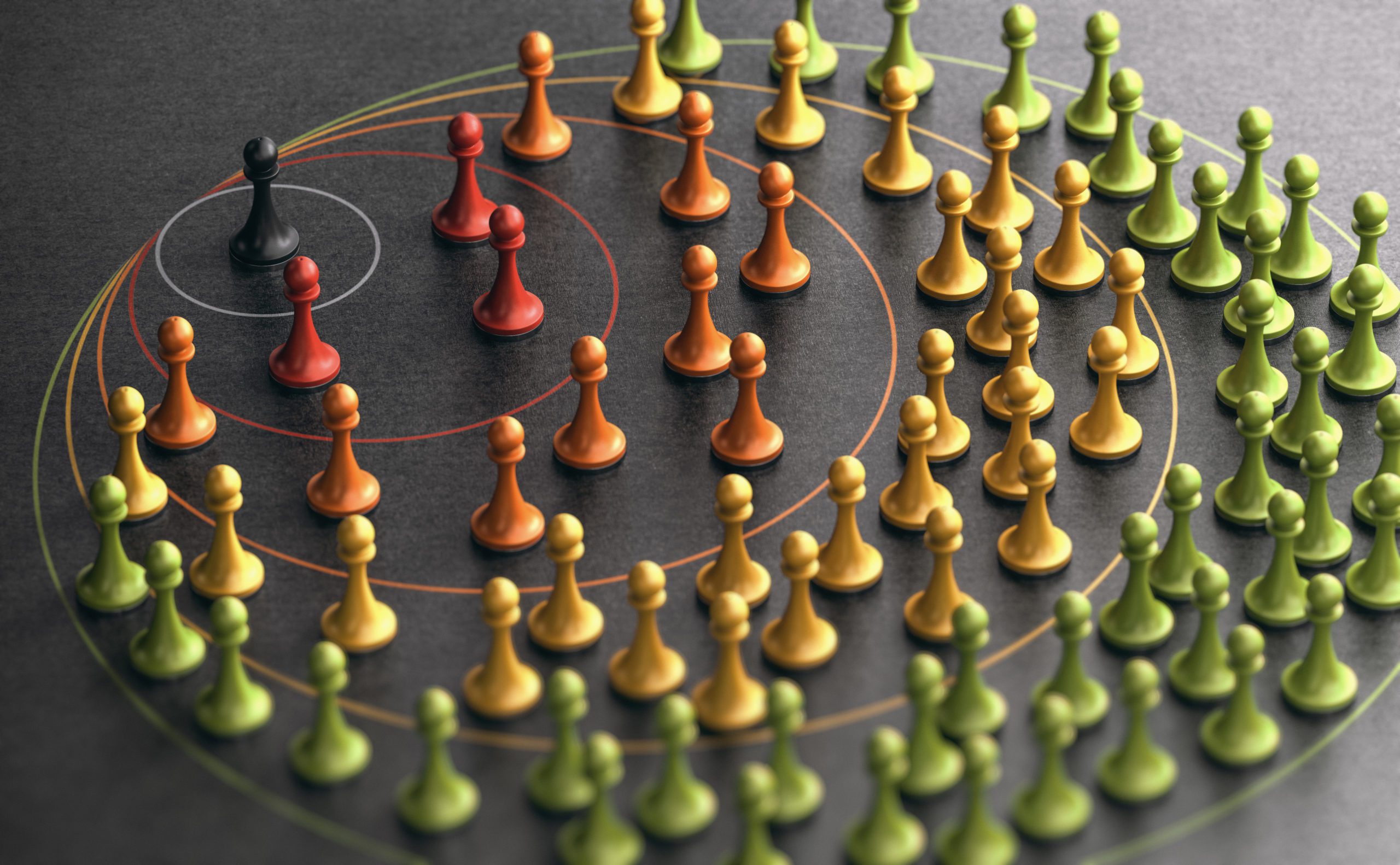 3D illustration of pawns over black background with circles. Concept of influencer marketing and spheres of influence.