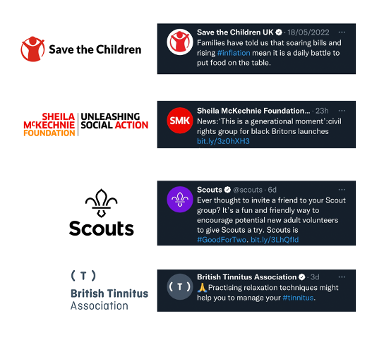 graphic which shows the charity branding evolution of Save the Children, Sheila McKechnie foundation, Scouts, and British Tinnitus Association