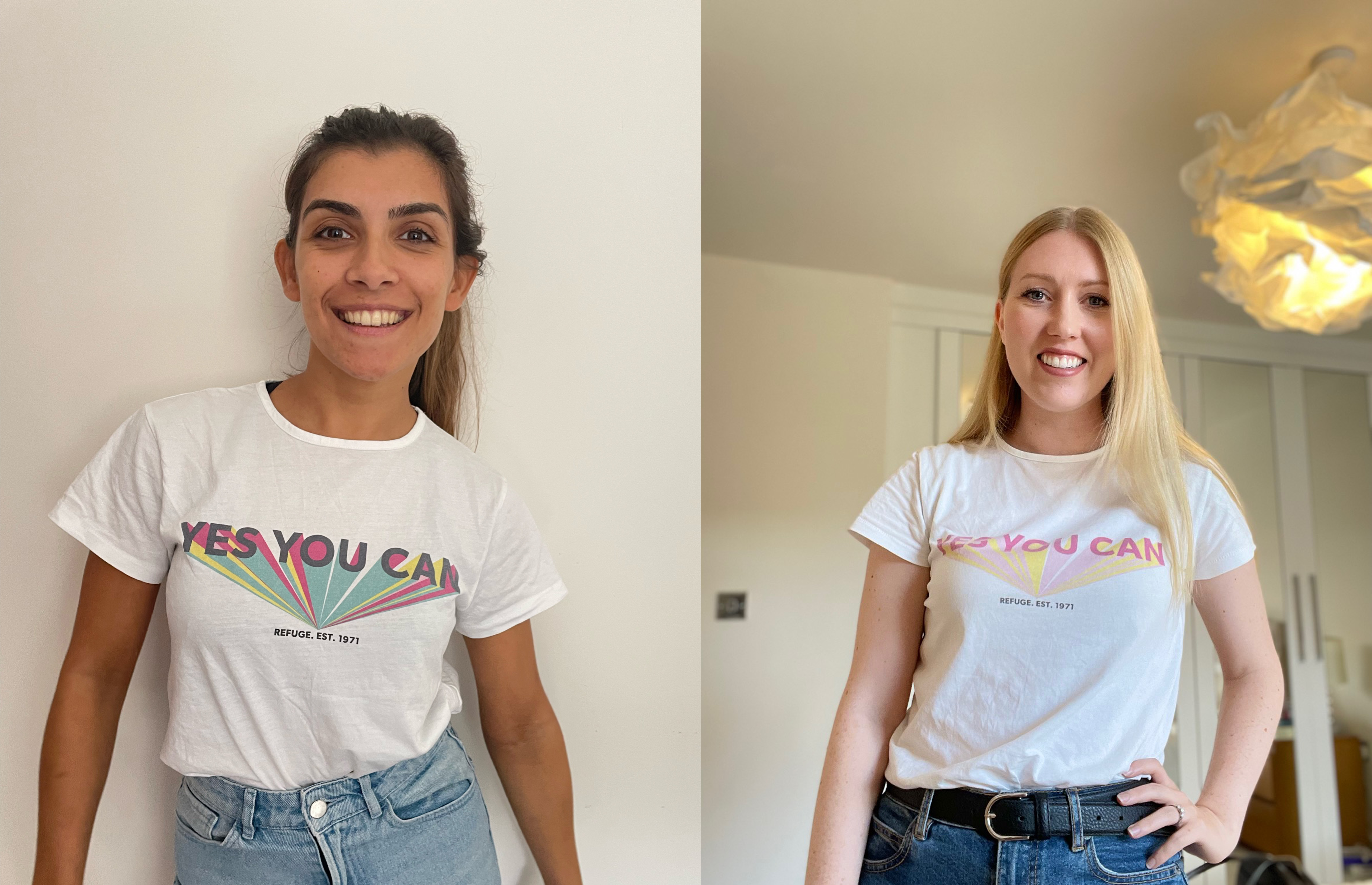 Jasmine and Paula both posing in a white t shirt that says 'yes you can' Refuge