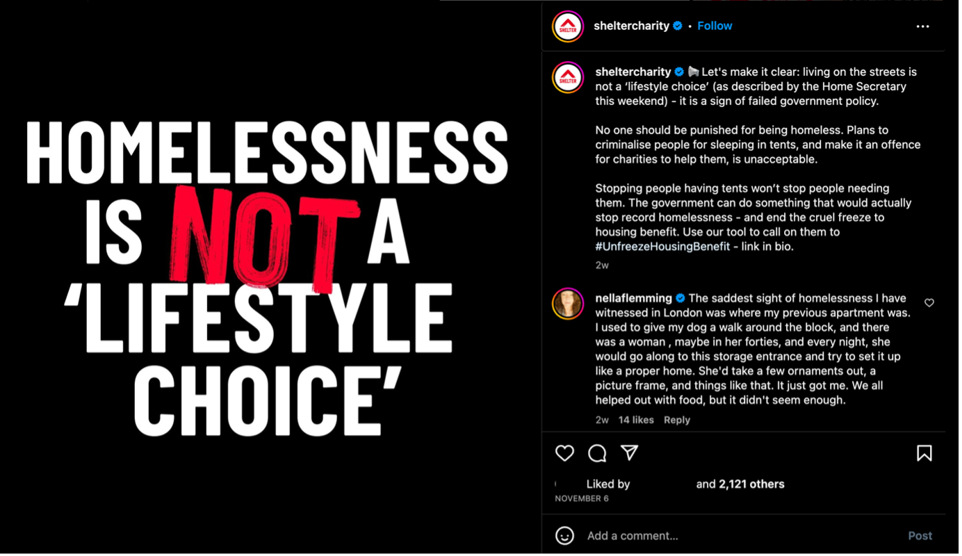 A statement posted on Instagram by housing charity, Shelter, on November 6th that says, “Homelessness is not a ‘lifestyle choice’”. Posted in opposition to the former home secretary Suella Braverman’s comments on homelessness the week prior.