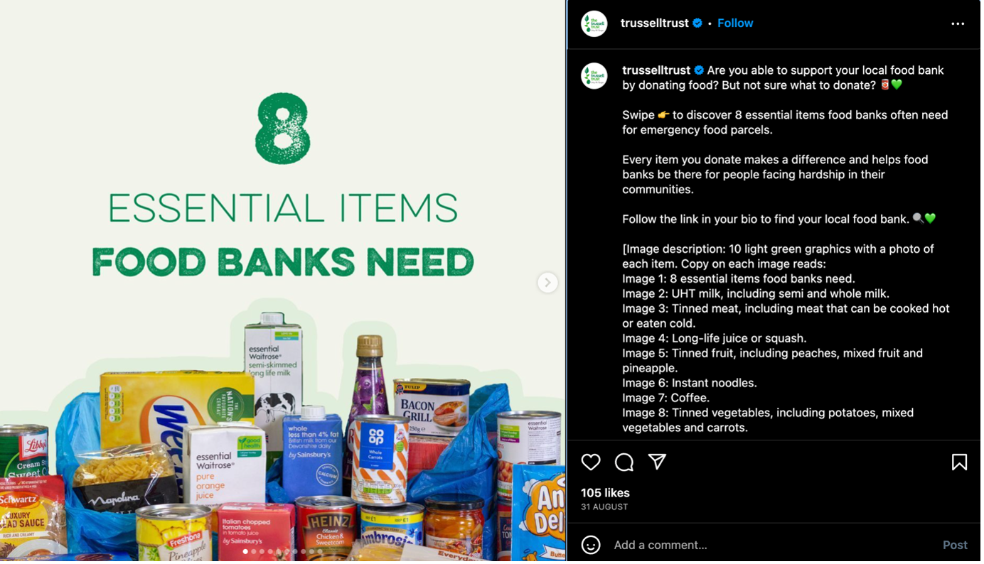 Trussel Trust’s Instagram carousel post detailing eight essential food bank items that people should consider donating to their local food bank.